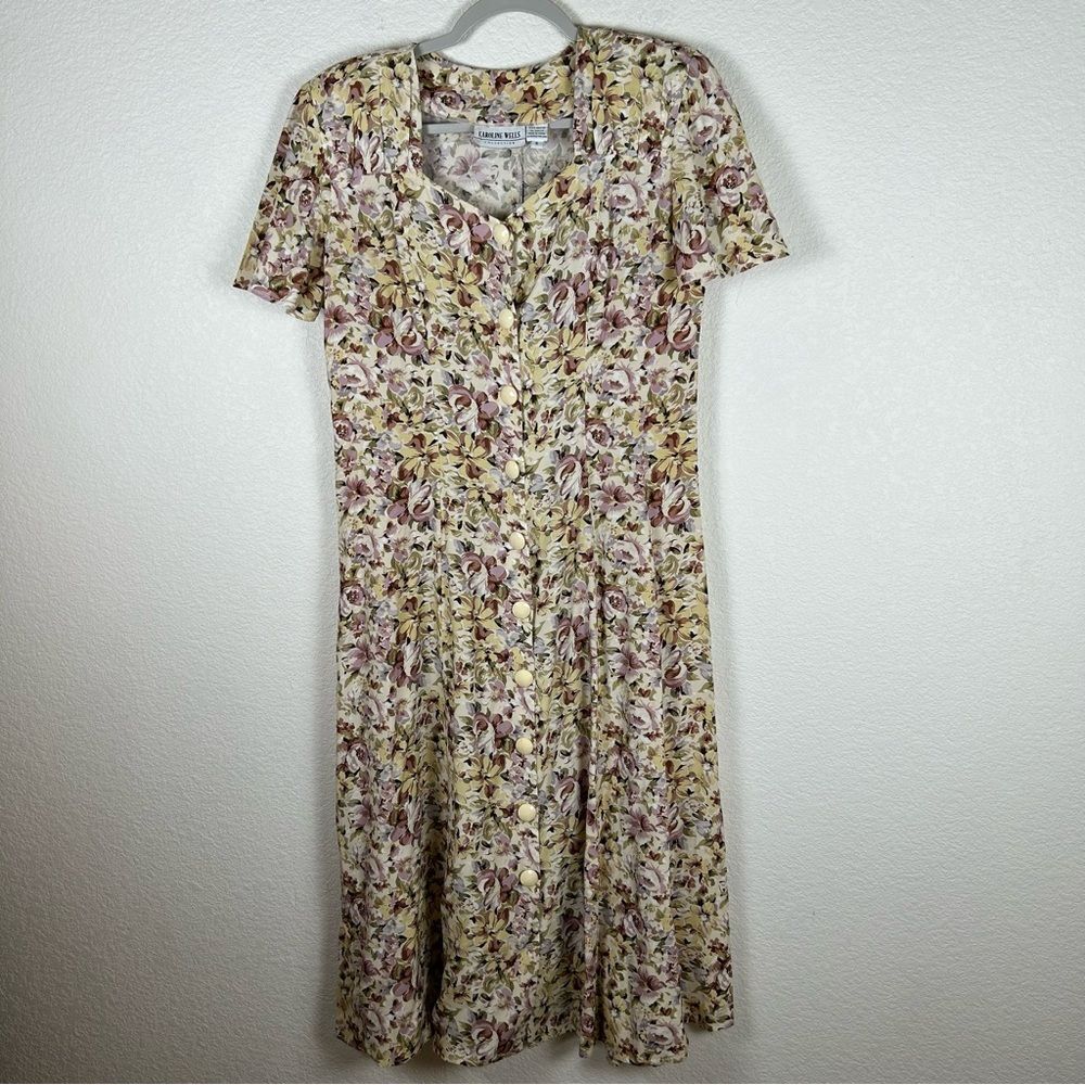 VTG Caroline Wells Women’s Sz 6 rayon floral shirtdress with sweetheart neck